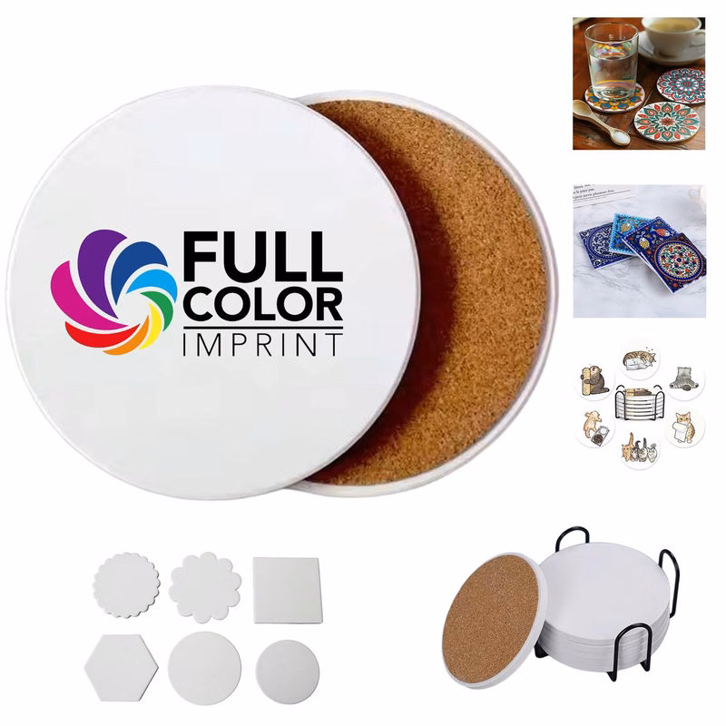 Full Color 4.1"Ceramic Absorbent Coaster With Cork Base