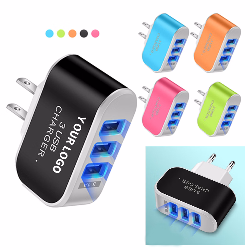 Three Port Wall Charger 5 Volt 2 Amp 2.6" x 2.4"