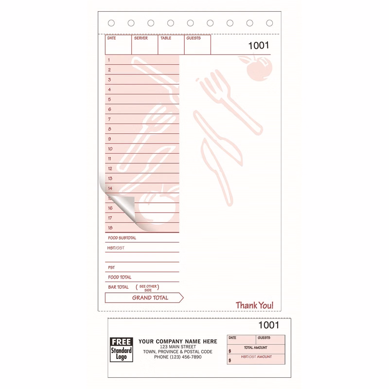 Restaurant Guest Check & Order Form w/ Receipt Stub
