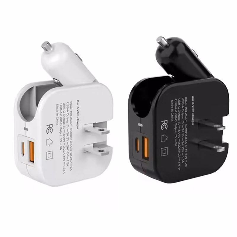 2-in-1 Portable USB Car Charger with Foldable Plug