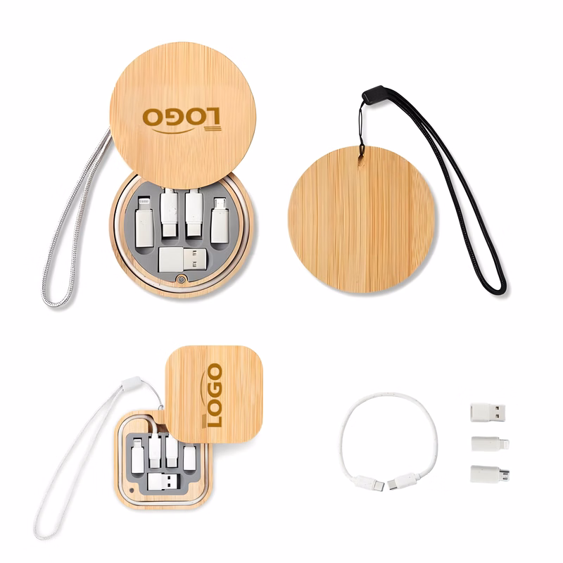 Bamboo Travel Cable Organizer with Multi-Charging Adapters