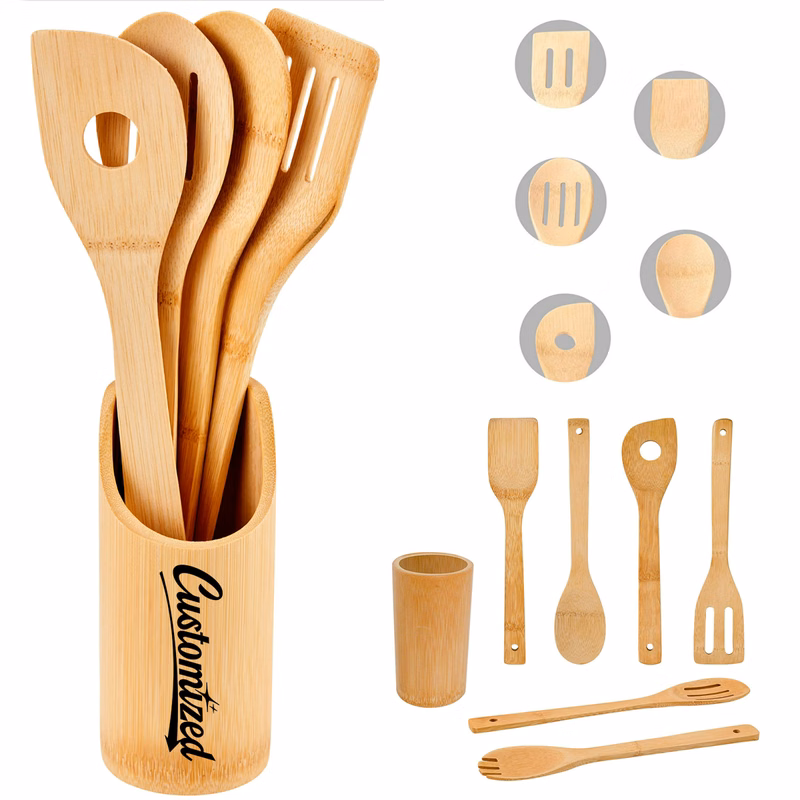 8 Piece Bamboo Cooking Utensil Set with Holder & Tongs