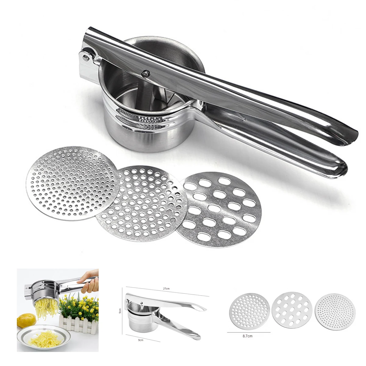 Potato Masher Fruit Squeezer With 3 Sieve Tray 1
