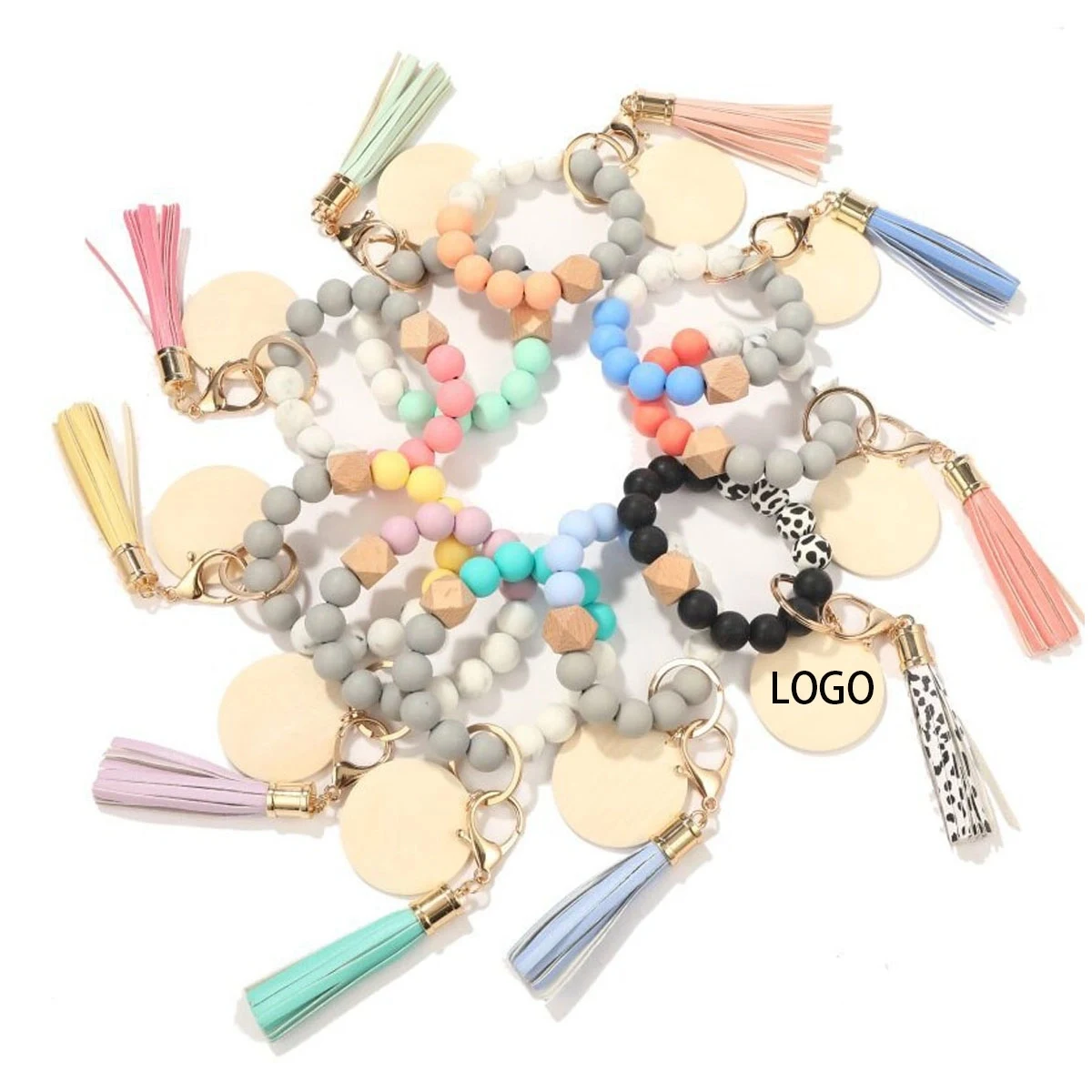 Silicone Beads Wood Chip Bracelet Keychain 1