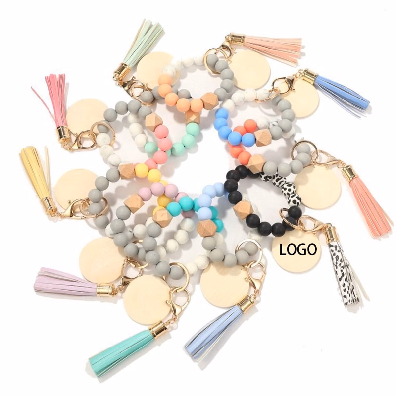 Silicone Beads Wood Chip Bracelet Keychain