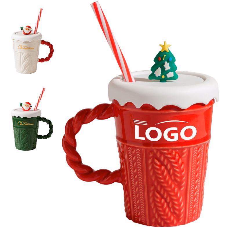 Festive Ceramic Mug with Straw and Lid for Christmas