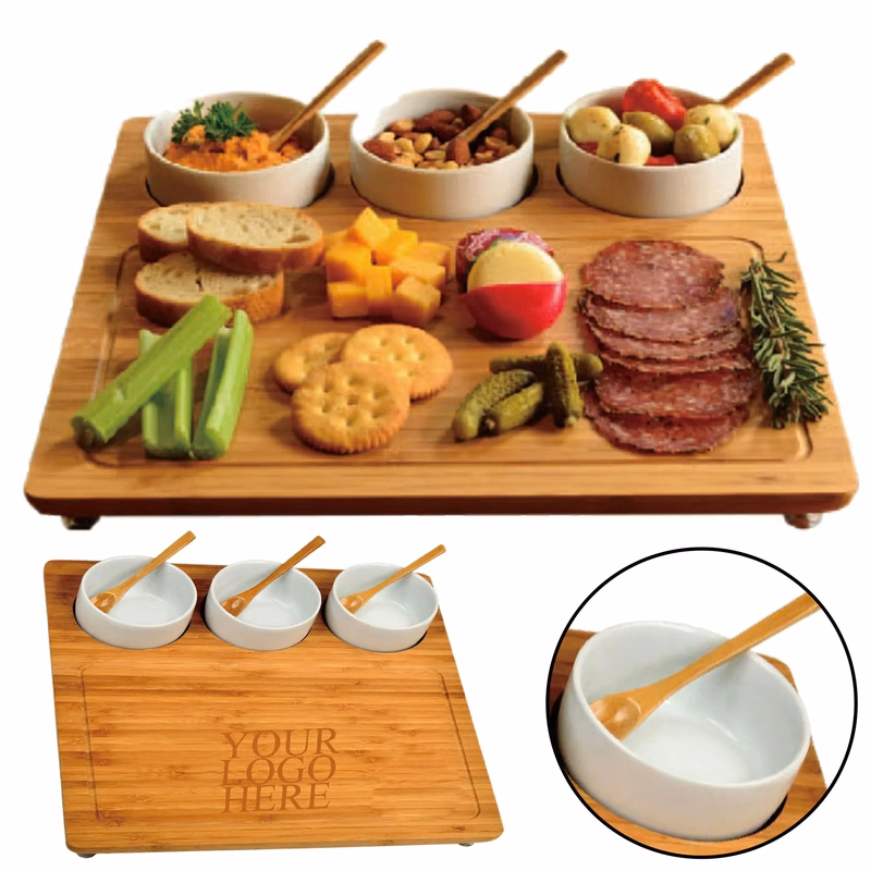 Custom Printed Bamboo Serving Tray With Ceramic Bowl