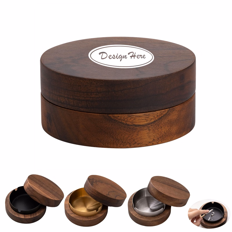 Nordic Walnut Ashtray with Lid for Splash Protection