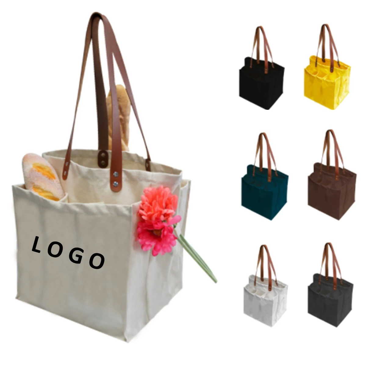 Multi-Pockets Canvas Shopping Tote, custom tote bag with logo imprint 1
