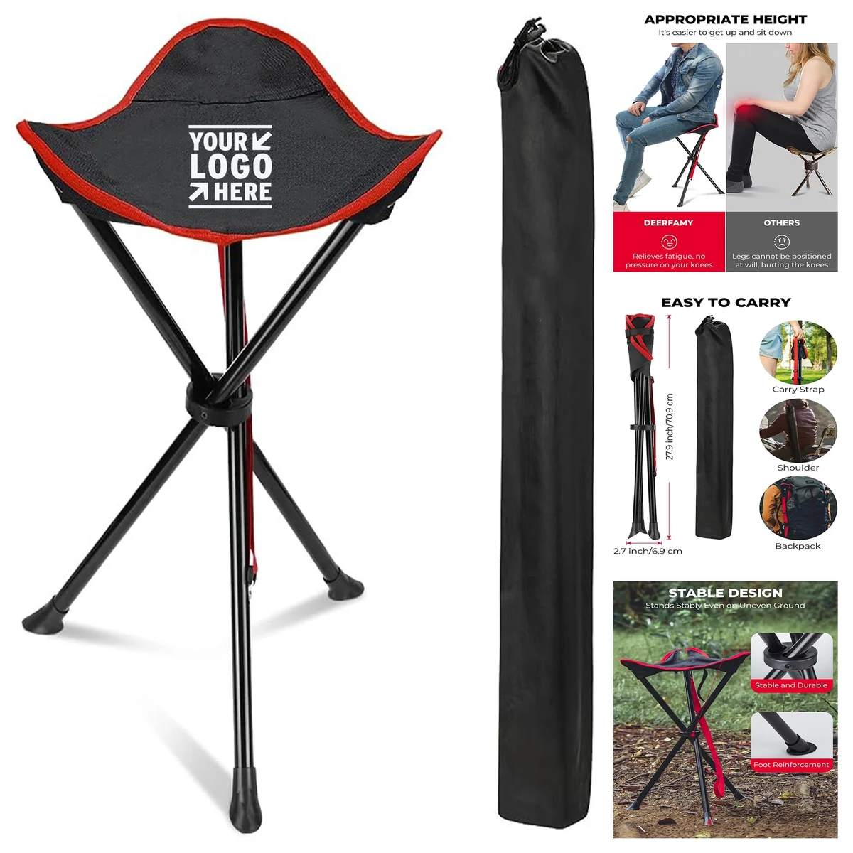 Folding Camping Stool Portable 3 Legs Tall Slacker Chair Tripod Seat With Storage Bag 1