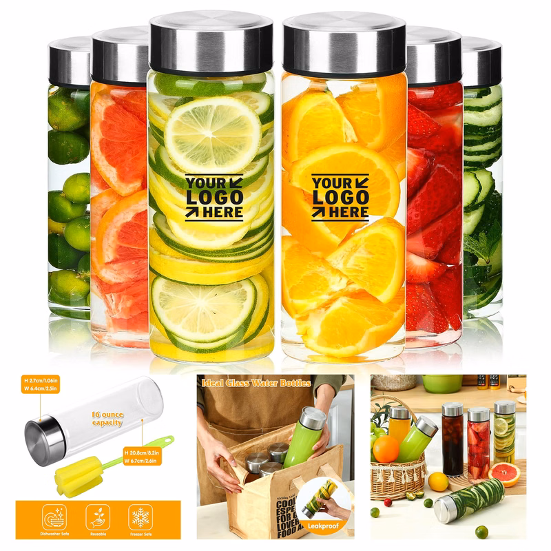 6pcs 16oz Glass Juice Water Shaker Bottle With Stainless Steel Lid