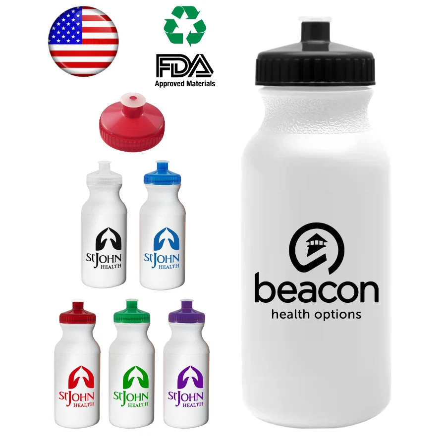 USA Made, 20 oz. Sports Water Bottle. White with Frosted Caps 1