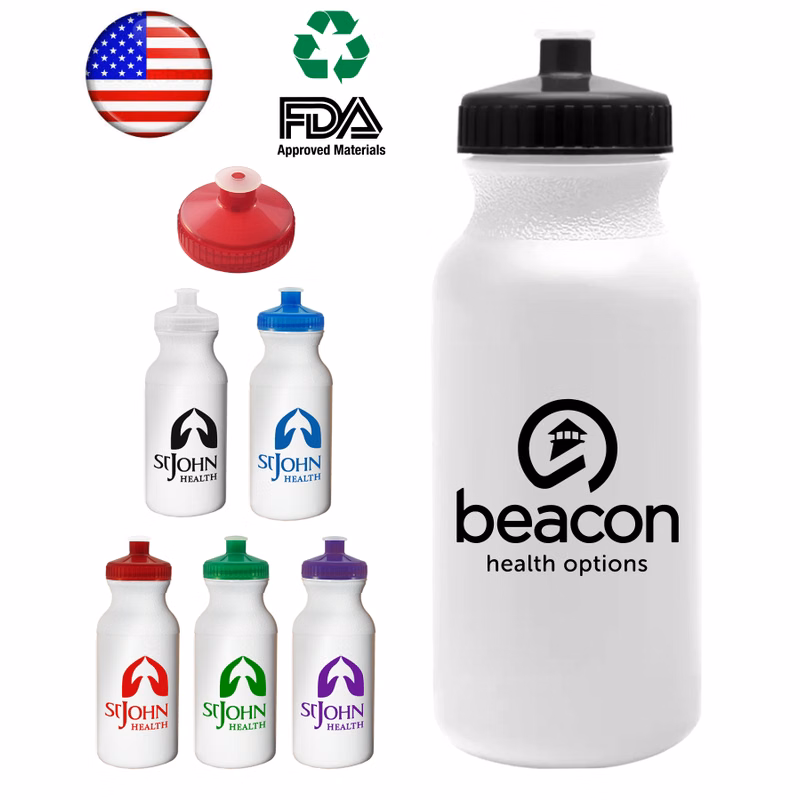 USA Made, 20 oz. Sports Water Bottle. White with Frosted Caps