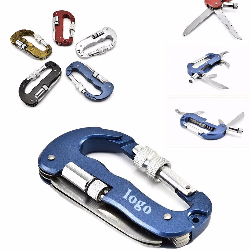 Multi-Functional D Carabiner with Folding Knife and LED Ligh