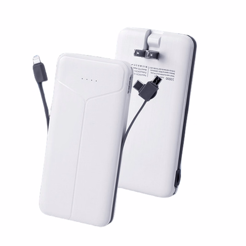 10000 mAh power bank with built-in AC wall plug with Micro, USB, Type-C charging cables