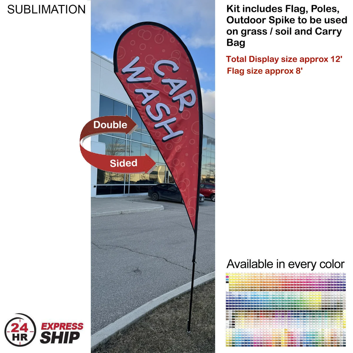 24Hr Express Ship - 12' Medium Tear Drop Flag Kit, Full Color Graphics Double Sided, Spike and Bag. 1