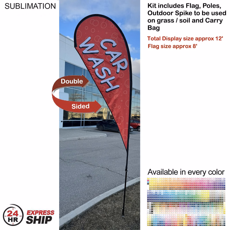 24Hr Express Ship - 12' Medium Tear Drop Flag Kit, Full Color Graphics Double Sided, Spike and Bag.