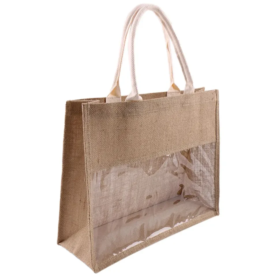 Jute Tote Shopping Bag with Clear Window, custom tote bag with logo imprint 1