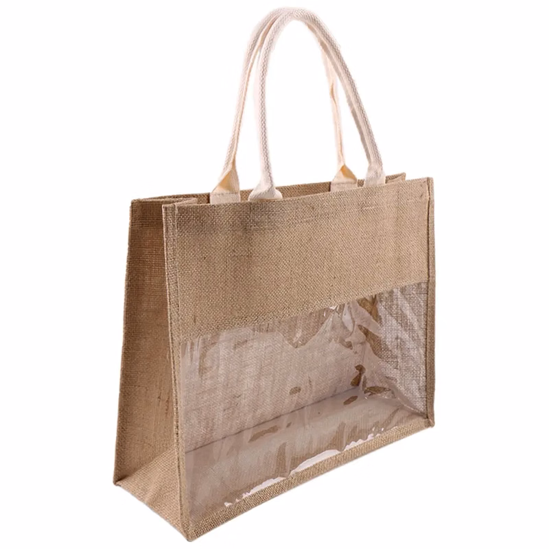 Jute Tote Shopping Bag with Clear Window