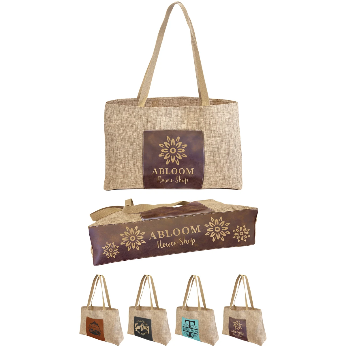 19" x 12" Burlap Bags with Leatherette Pocket 1