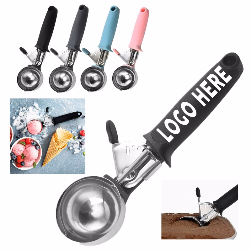 Custom Single-Color Logo Food Safe Stainless Steel Ice Cream Scoop With Comfortable Round Handle