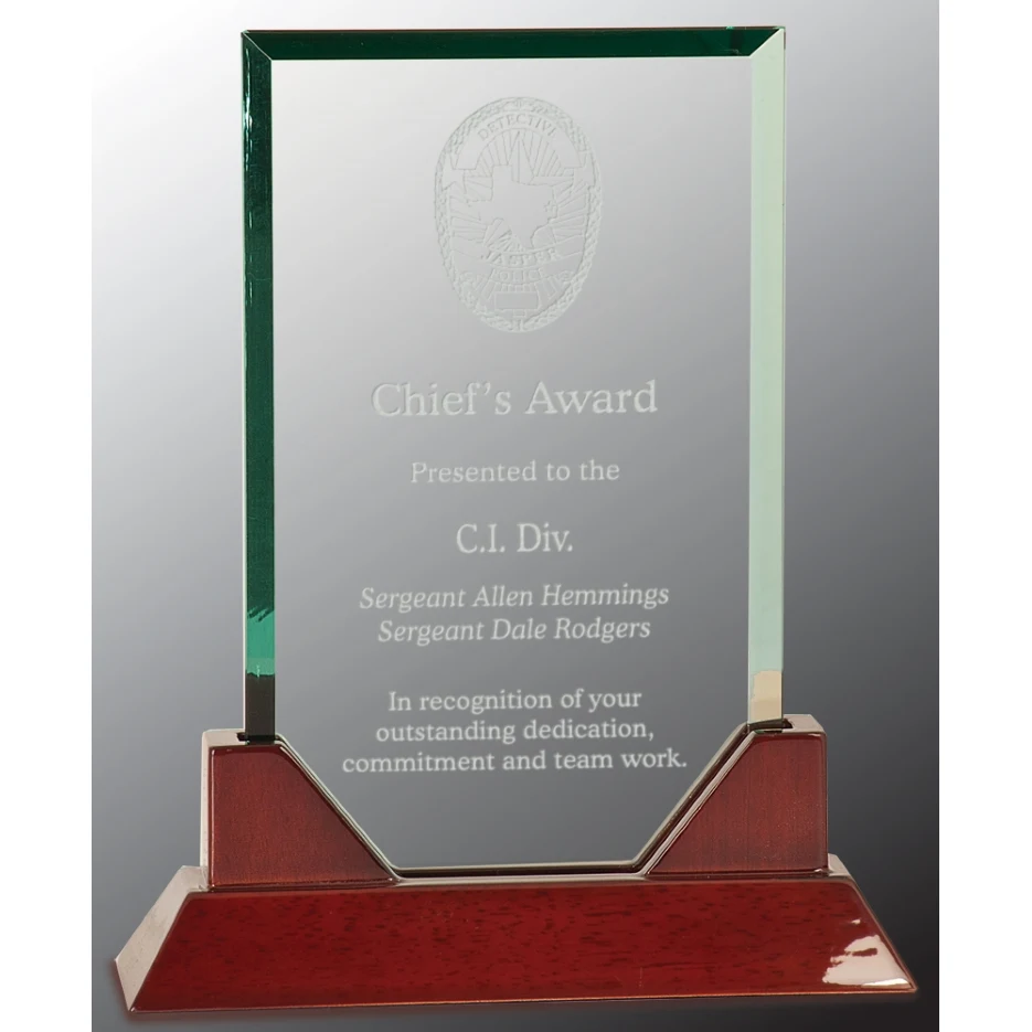9 3/4" Rectangle Prestige Glass Award with Rosewood Piano Finish Base 1