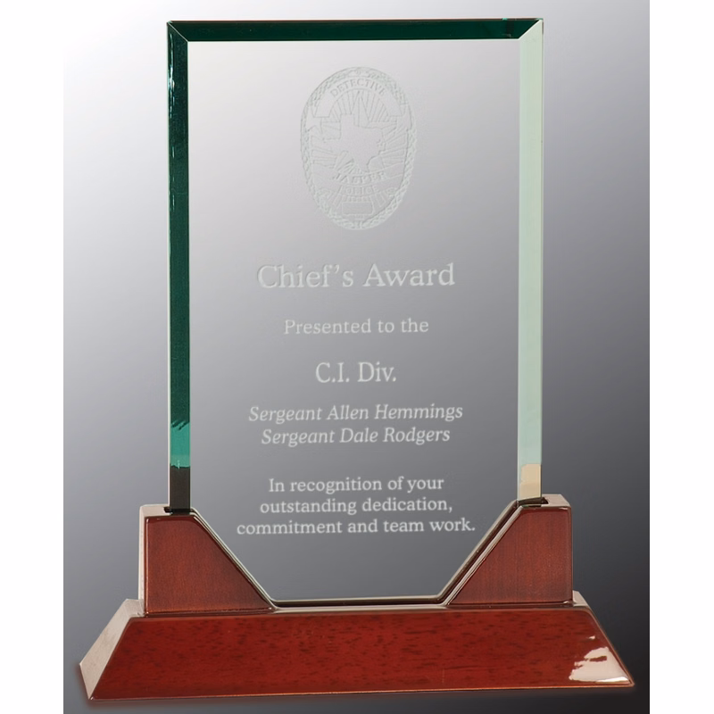 9 3/4" Rectangle Prestige Glass Award with Rosewood Piano Finish Base