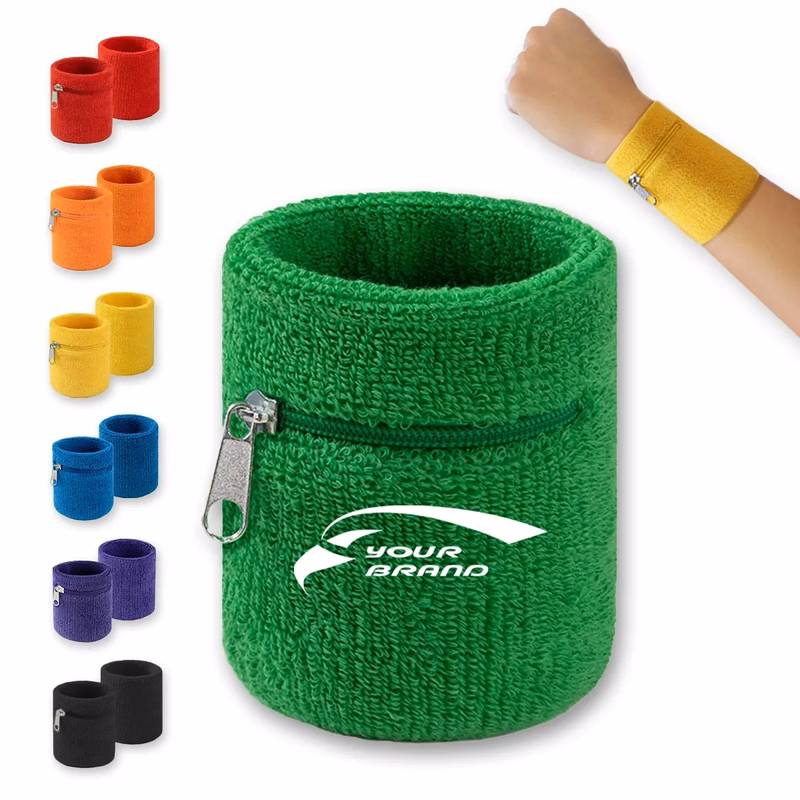 Cotton Sweatband Sport Elastic Wristband With Zipper Pocket