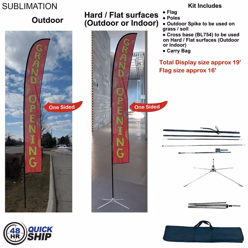 48Hr Quick Ship - 19' XL Feather Flag Kit, Full Color Graphics One Side, Outdoor & Indoor Use