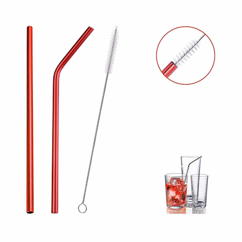 2pcs Red Stainless Steel Straw W/ Cleaning Brush