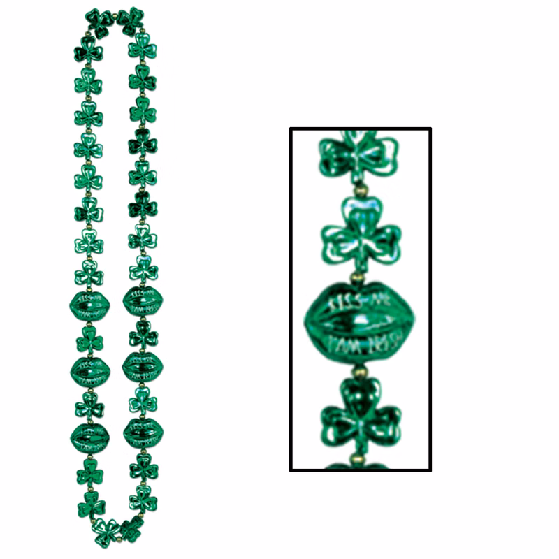 Shamrock Bead Necklace w/ Kiss Me Lips