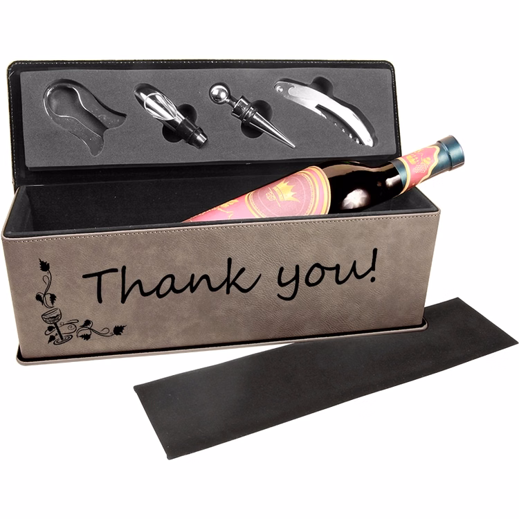 Leatherette Single Wine Box With Tools - Gray/Engraves Black