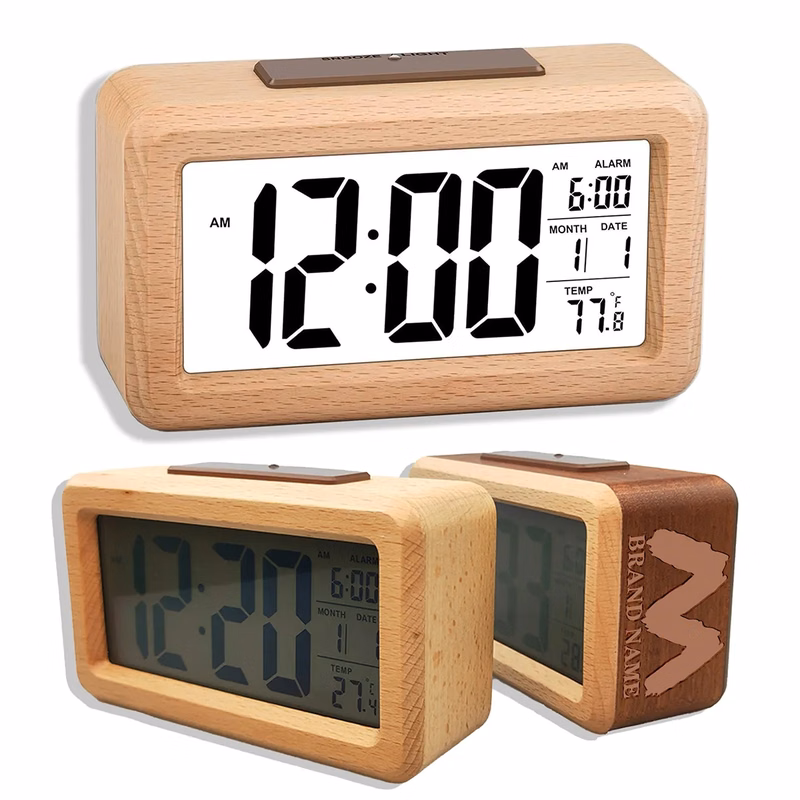 Bamboo Wooden LCD Alarm Digital Clock With Night Light Temp