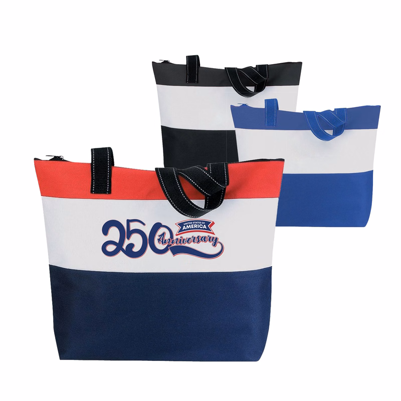 600D Carrying Handles Zippered Stripes Tote Bag