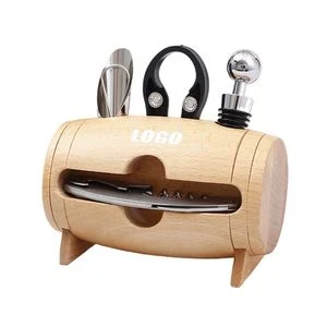 4 In 1 Wooden Barrel Wine Opener With Corkscrew Serrated Blade 1