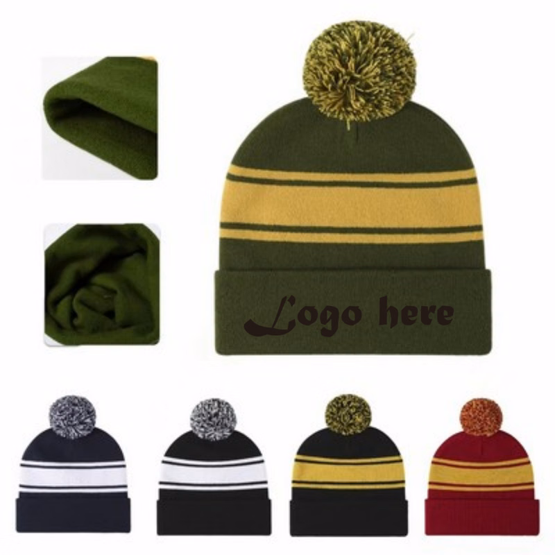 Two-Tone Knit Pom Beanie Hats With Pom