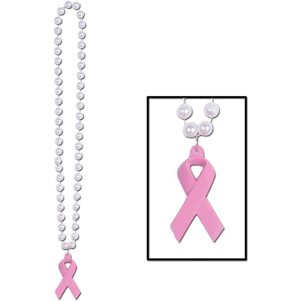 Breast Cancer Awareness Pink Ribbon Beaded Necklaces - 40" 1
