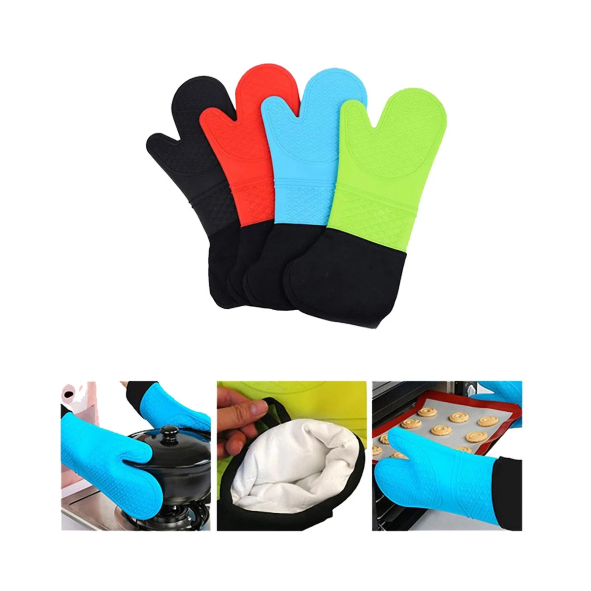Heat Resistant Silicone Oven Mitts w/Soft Cotton Lining 1