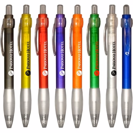 "Cool" Frosted Colored Click Pen w/ White Frosty Rubber Grip