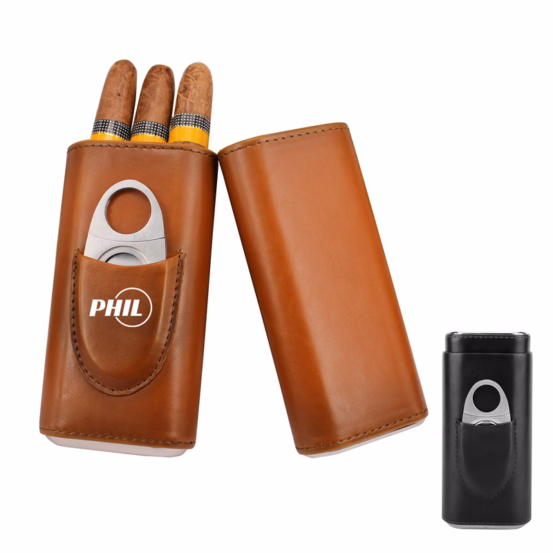 3 -Sticks Leather Cigar Travel Case With Cutter