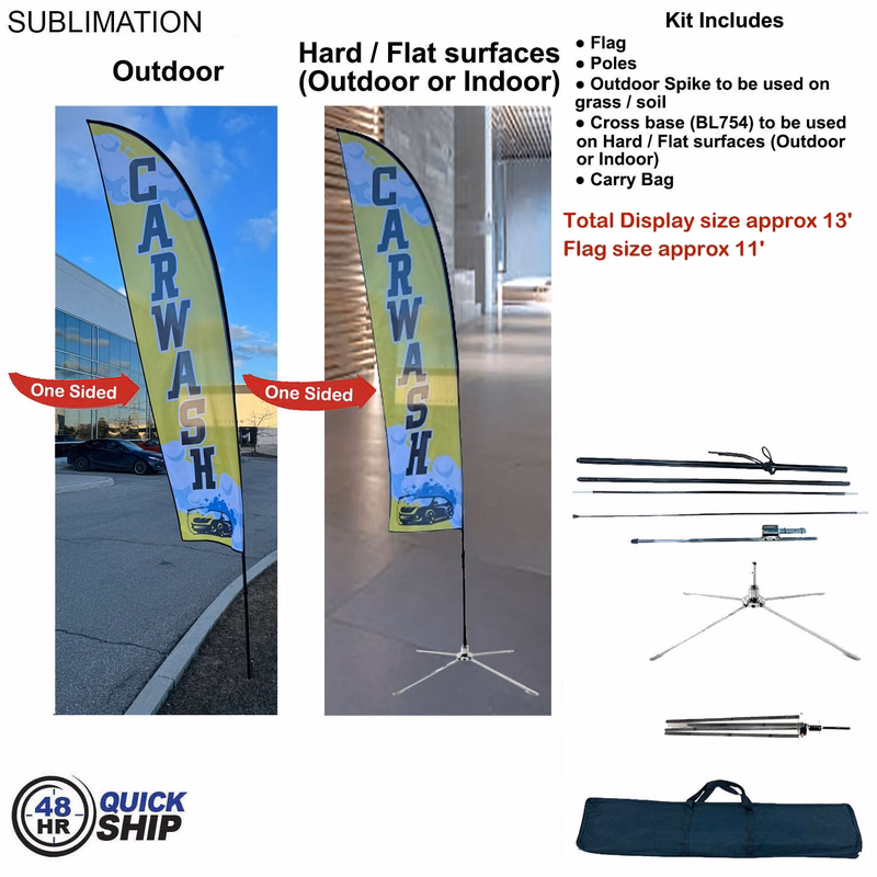 48 Hr Quick Ship - 13' Medium Feather Flag Kit, Full Color Graphics One Side, Outdoor & Indoor base
