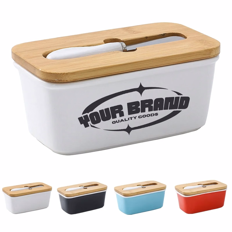 Kitchen Ceramic Butter Dish with Bamboo Lid & Knife