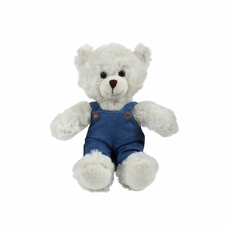 soft plush  Cream Curly Sitting Bear in denim overall