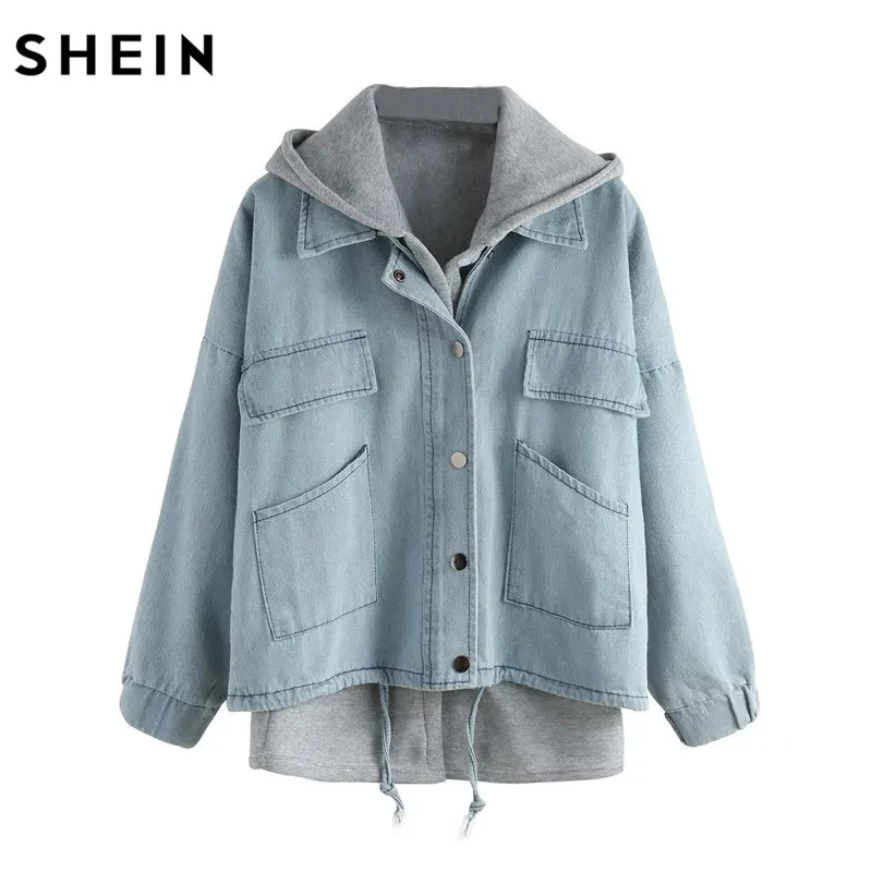 Blue Hooded Denim Two Piece Coat with Drawstring and Pockets 1