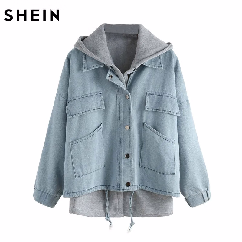 Blue Hooded Denim Two Piece Coat with Drawstring and Pockets