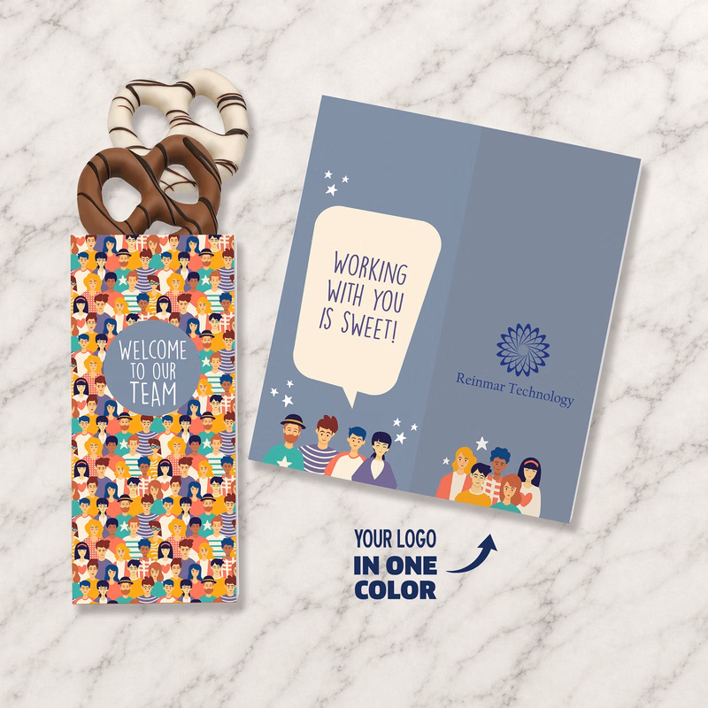 One Color Foil-Stamped Stock Welcome Sweeter Cards with Chocolate Dipped Pretzels