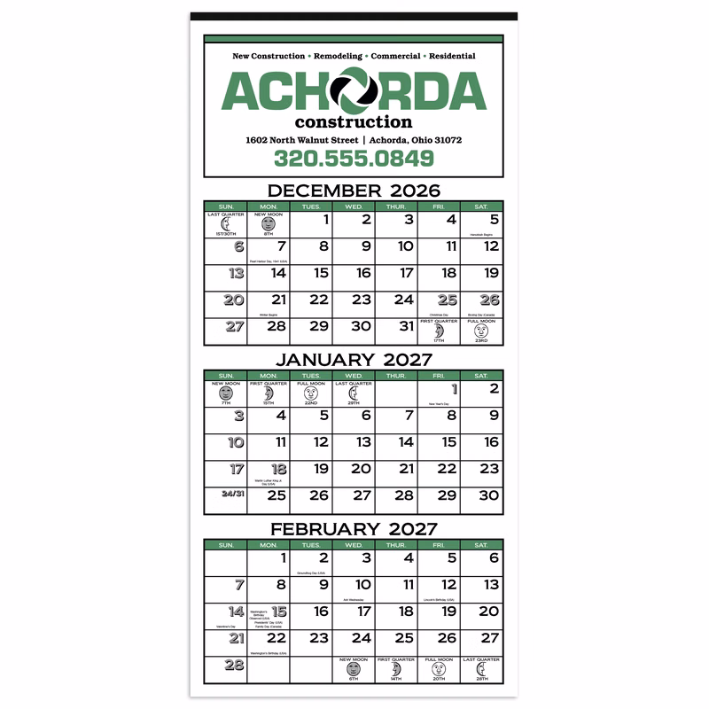 Skinner & Kennedy® 3-Month Display 12-Sheet Calendar