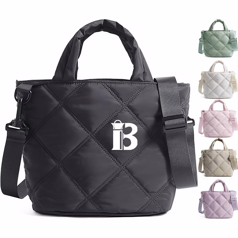 Nylon Puffer Quilted Crossbody Tote Bag w/ Handle
