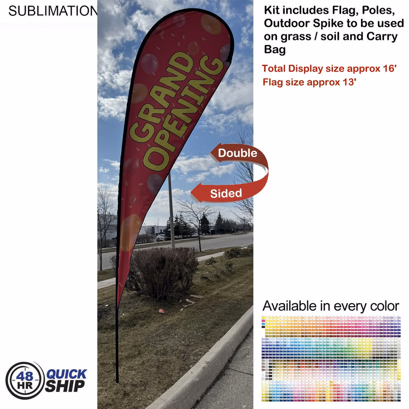 48 Hr Quick Ship -16' X-Large Tear Drop Flag Kit, Full Color Graphics Double Side, Spike and Bag