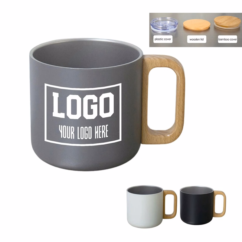 14oz Stainless Steel Double Layer Cup With Wooden Handle